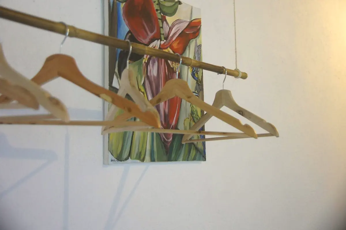Wooden hangers on a rail in front of a painting of a red heliconia flower