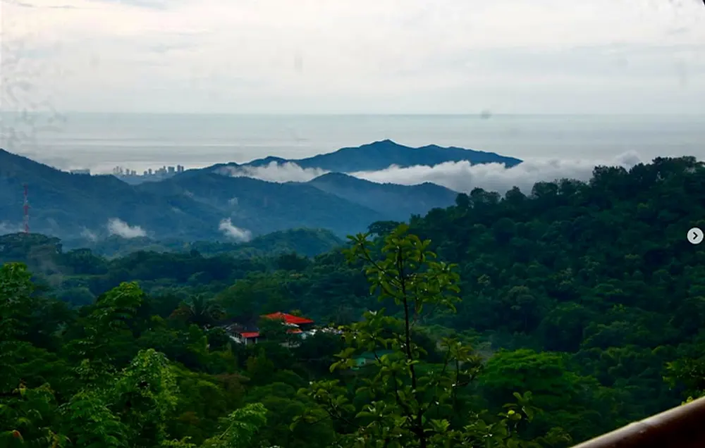 Morning mist lying in the valleys below the hostel, with forested ridges and the Santa Marta coast beyond