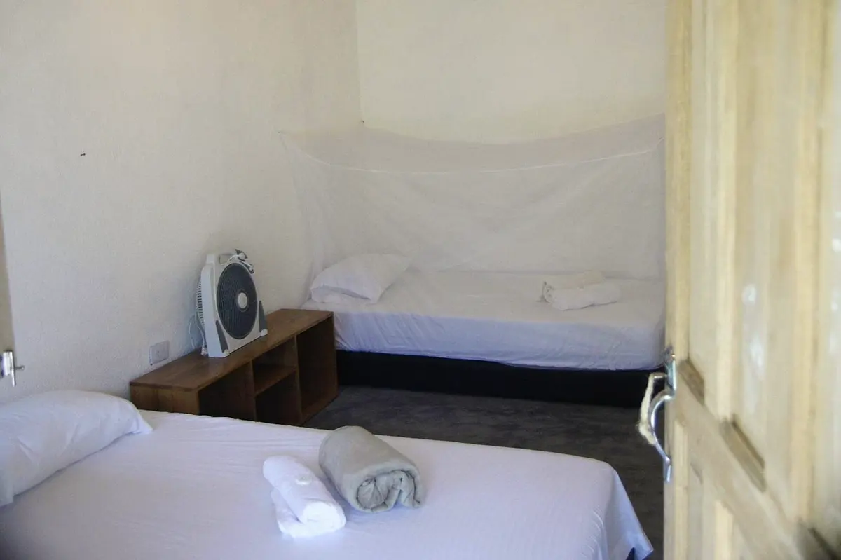 Standard twin room: two single beds, a box fan on a low wooden shelf and towels laid out